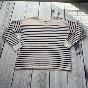 Cream & Navy Striped Sweater Size M Preppy Button Detail H&M 100% Cotton